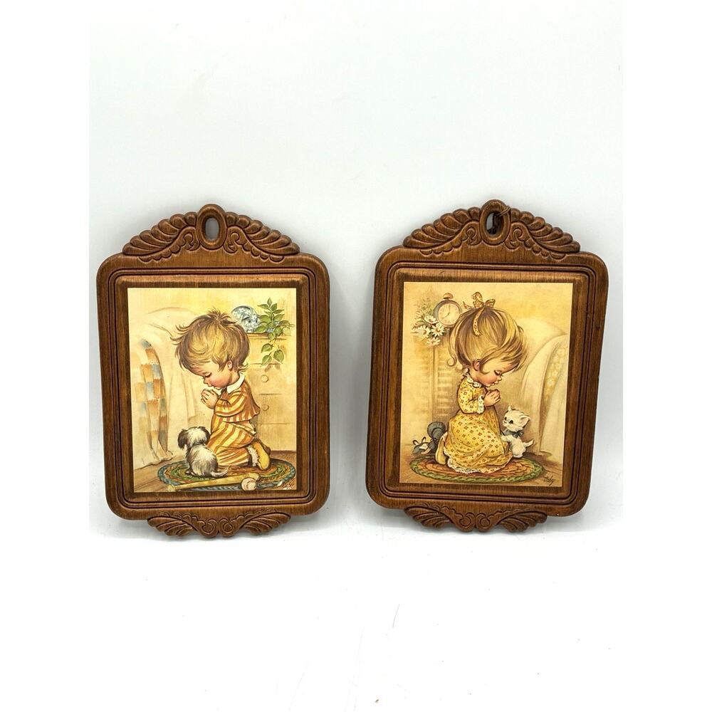 Vintage Praying Boy Girl Wall Plaques Faux Carved Wood Frames Cape Craftsmen